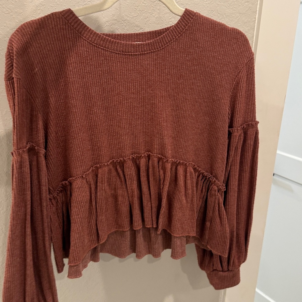 Altar'd State Rust Ribbed Ruffle Long Sleeve Top